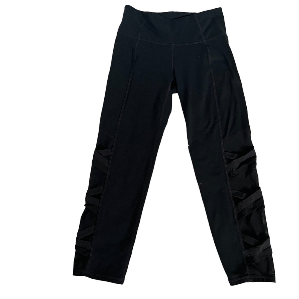 ATHLETA BLACK MESH BOTTOM CROPPED‎ HIGH WAIST LEGGINGS NYLON SPANDEX SIDE M
